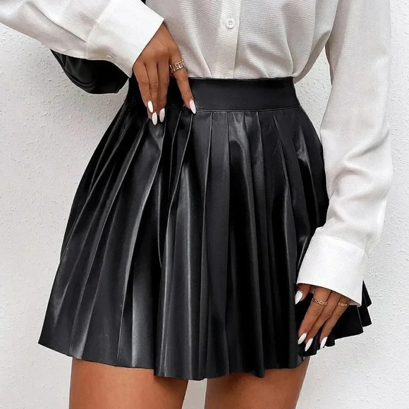 Black Preppy Womens High Waist Metallic Pleated Skirt - Picture 4 of 5